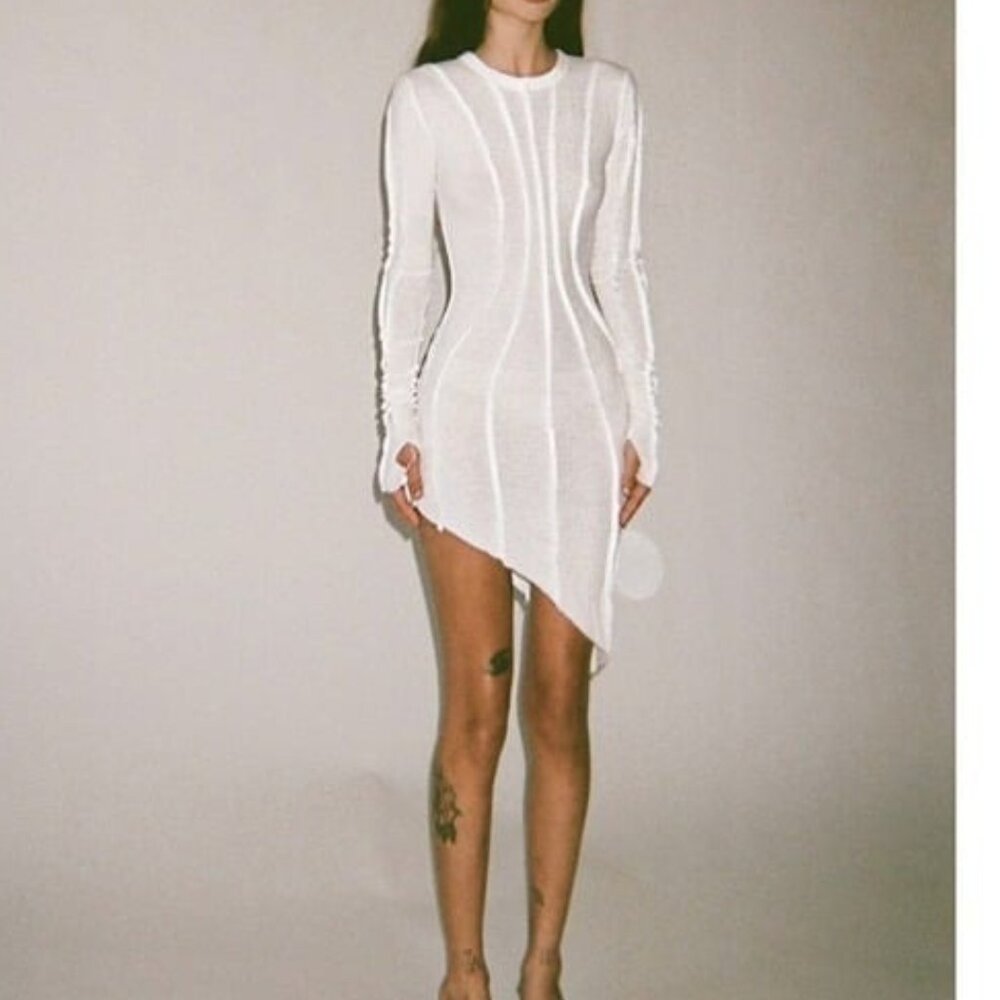 SAMI MIRO VINTAGE Asymmetric Baby Rib Mini Dress in White long sleeve bodycon